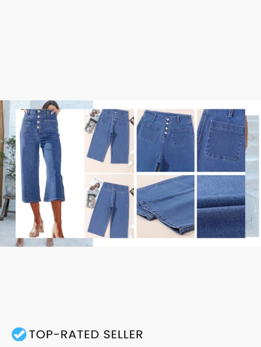High Waisted Wide Leg Capri Jeans Stretchy Loose Cropted Denim - Picture 6 of 6